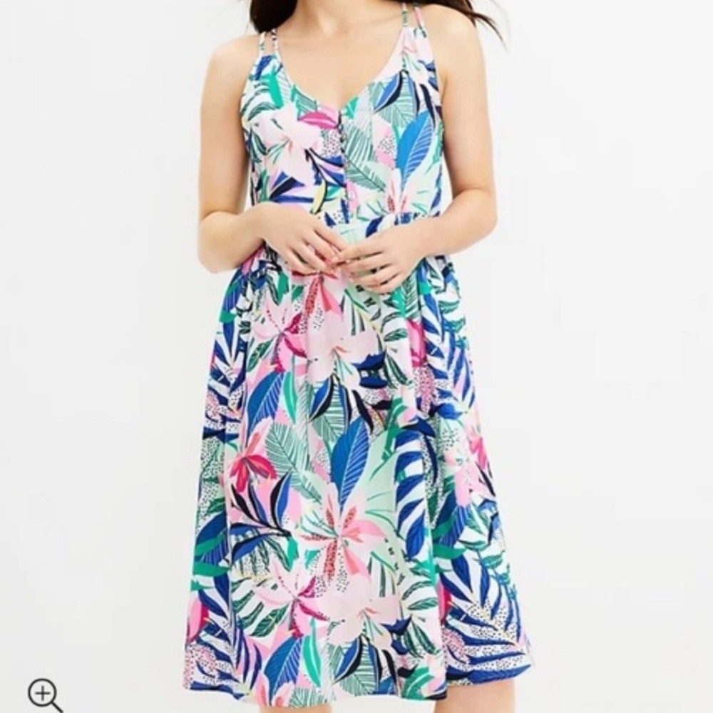 LOFT Womens Tropical Floral Midi Dress Pink Blue Green‎ 8